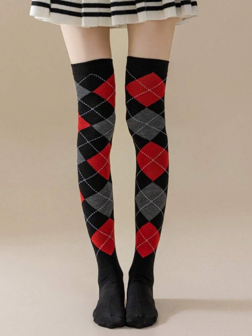 Women's Argyle Diamond Plaid Black Red Grey Over The Knee Thigh High Socks